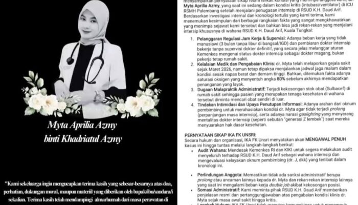 Dokter Internship Meninggal, Dugaan Beban Kerja Berat Disorot ; Alumni FK Unsri Desak Audit Nasional